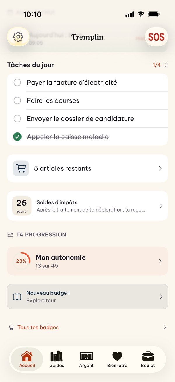 Accueil: tâches du jour cochables et bloc de progression vers l'indépendance