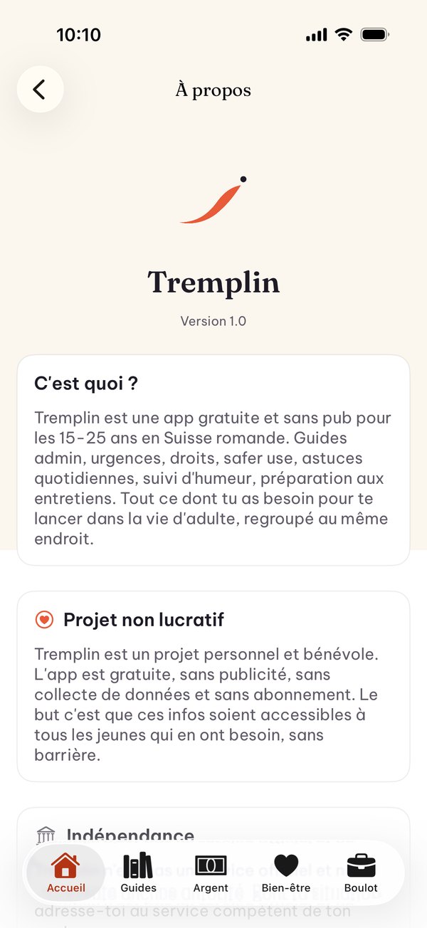 À propos dans l'application