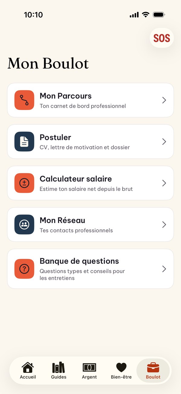 Boulot: parcours, candidature, calculateur de salaire, réseau et questions d'entretien