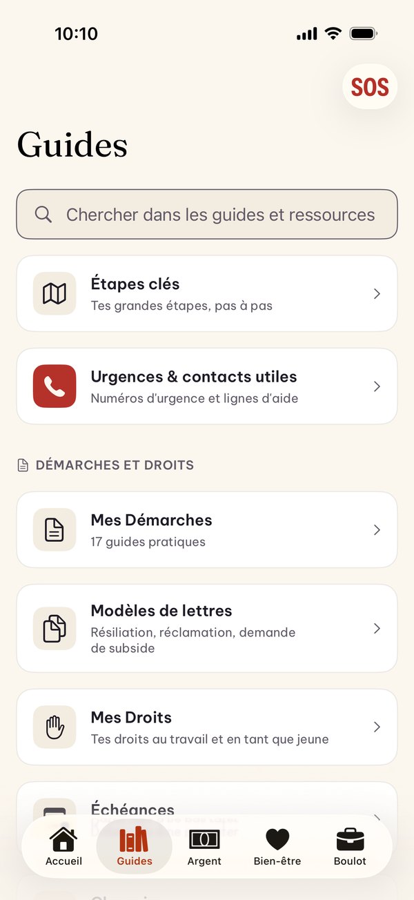 Onglet Guides: recherche, étapes clés, urgences, puis les guides classés par thème
